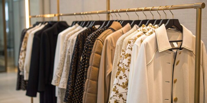 Collection of affordable designer-inspired clothes displayed on a rack, styled to look and feel high-end.