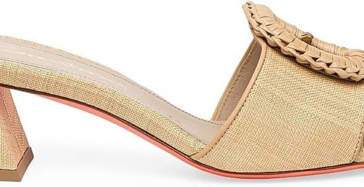 Santoni Marta 50MM Raffia & Leather Buckle Mules, showcasing the block heel and signature buckle