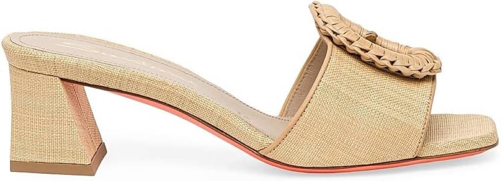 Santoni Marta 50MM Raffia & Leather Buckle Mules, showcasing the block heel and signature buckle