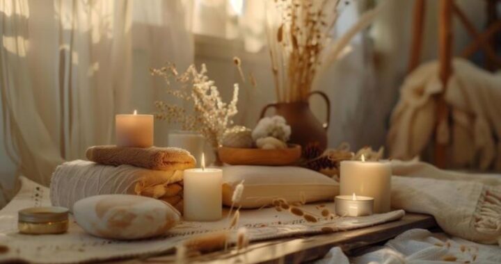 Relaxing home spa setup with candles, bath salts, and soft towels on a budget