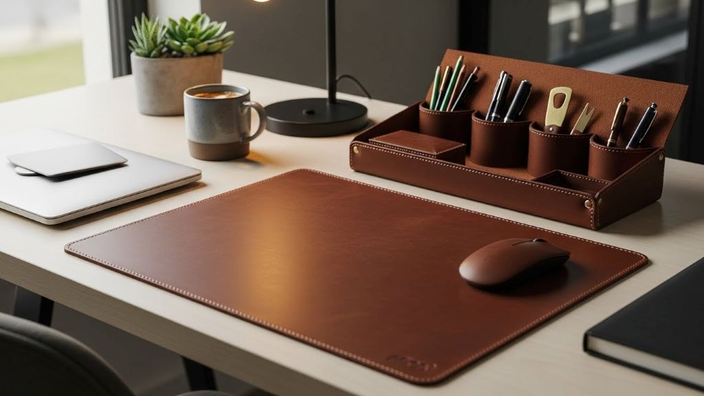 Handcrafted leather desk accessories including mouse pad and pen tray on modern workspace