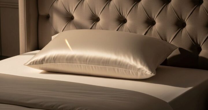 Luxury silk pillowcase on elegant bed with soft lighting representing high-end sleep accessories