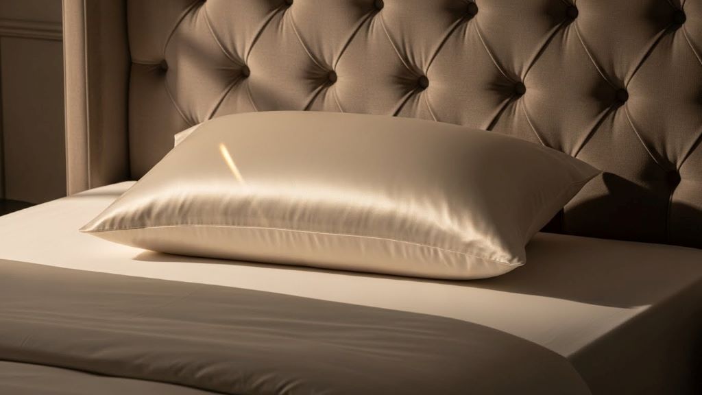 Luxury silk pillowcase on elegant bed with soft lighting representing high-end sleep accessories
