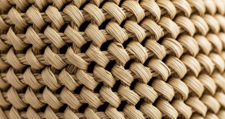 Close-up of woven natural raffia bag texture showing smooth palm fiber weave pattern in beige tone