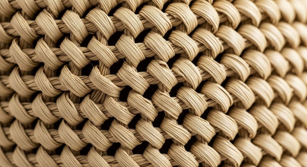 Close-up of woven natural raffia bag texture showing smooth palm fiber weave pattern in beige tone