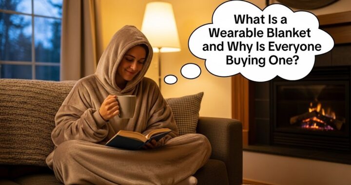 Person wearing a wearable blanket while relaxing at home