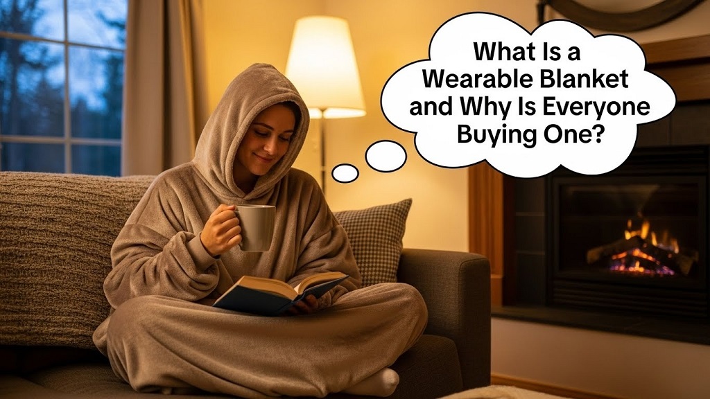 Person wearing a wearable blanket while relaxing at home