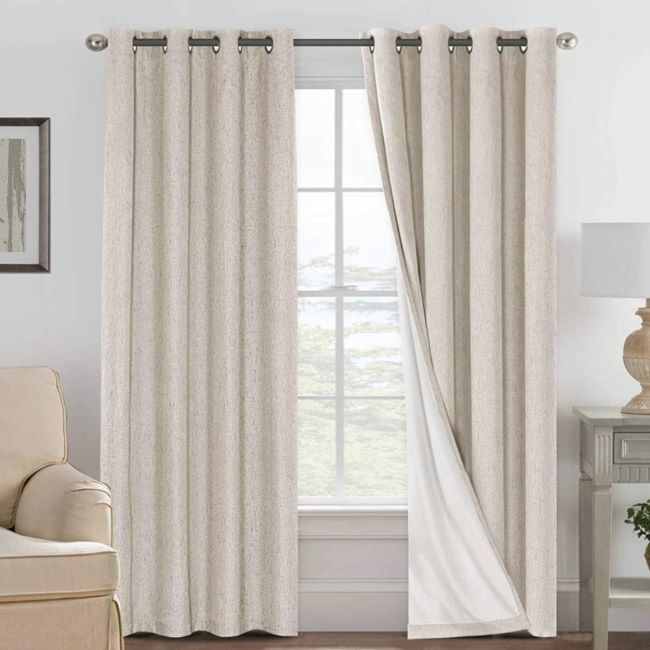 H.VERSAILTEX 100% blackout curtains 96 inch thermal insulated linen-style bedroom drapes with grommets and white liner.