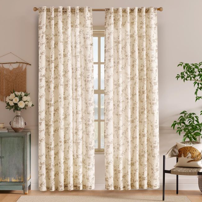 Lazzzy taupe floral linen curtains 84 inch farmhouse light-filtering vintage rod-pocket drapes taupe on beige 2 panels.