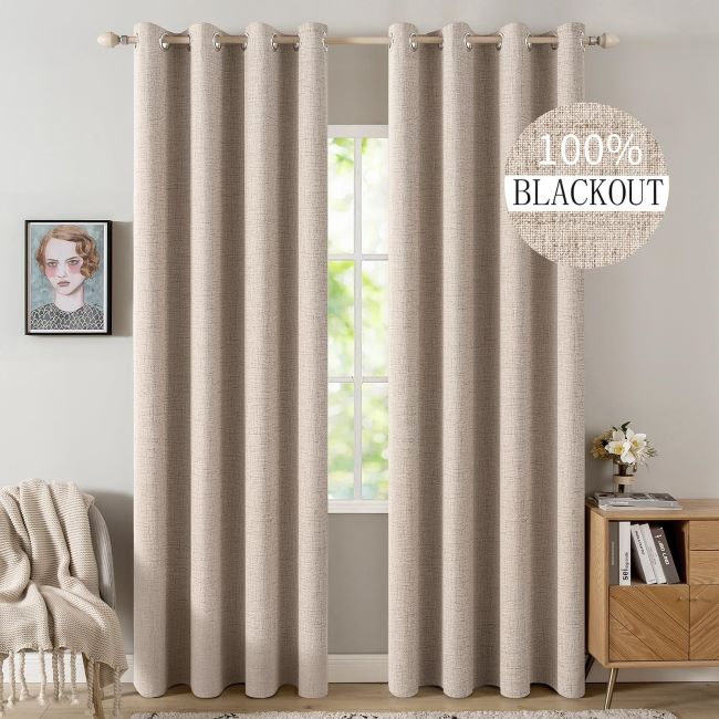 MIULEE linen textured 100% blackout curtains natural beige thermal insulated grommet drapes for bedroom or nursery 52 x 96 inch.