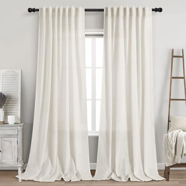 Nanspring extra-long linen curtains 120 inch neutral farmhouse semi-sheer drapes for floor-to-ceiling window or patio door.