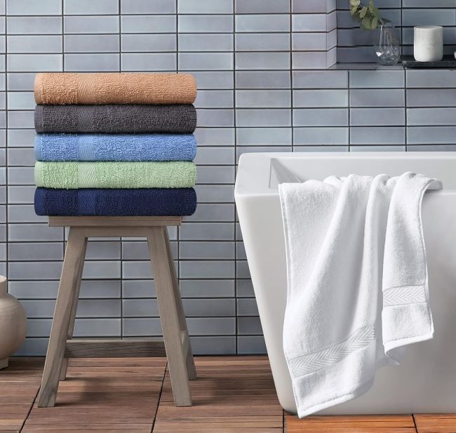 T & L Towel and Linen Mart 6 Pack Bath Towel Set – 100% cotton lightweight bath towels in beige, white, grey, sky blue, sage green, and navy.