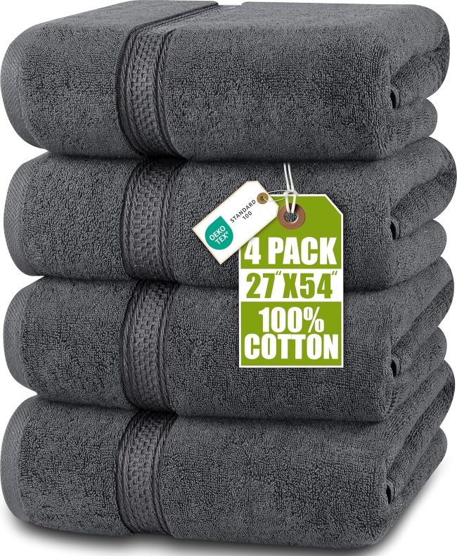 Utopia Towels 4 Pack Premium Bath Towels – grey 600GSM ring-spun cotton bath towels, 27x54 inches, soft, lightweight, and highly absorbent.