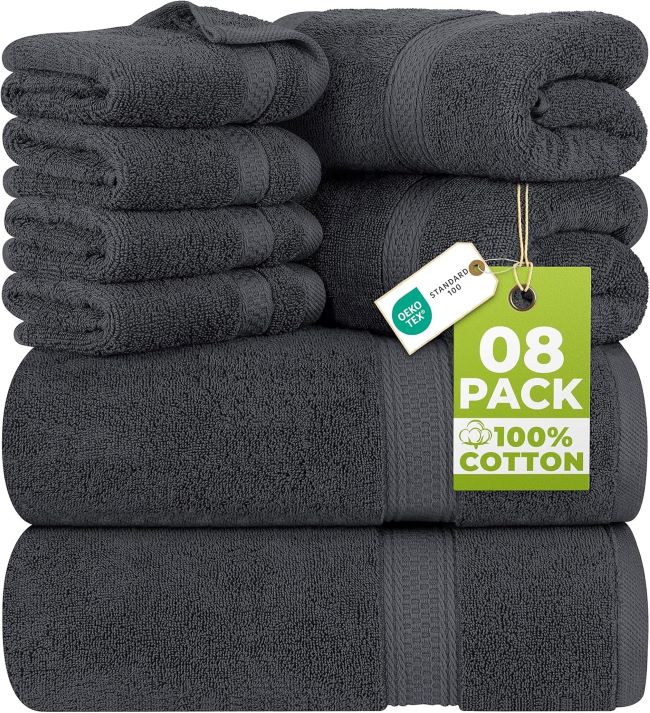 Utopia Towels 8 Piece Luxury Towel Set – grey cotton towel set with bath towels, hand towels, and washcloths, thick plush spa-style towels.