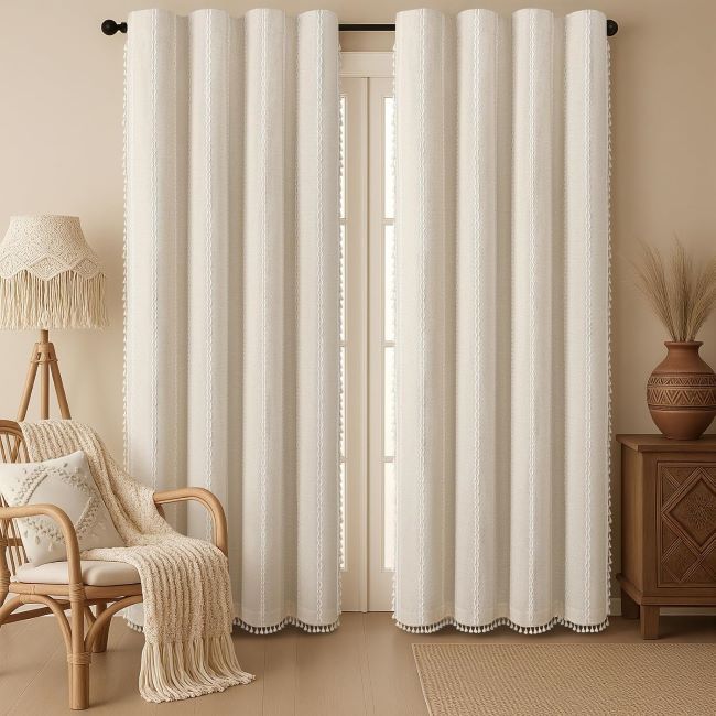 XOGUIBO boho blackout curtains with tassels beige linen-texture farmhouse embroidered drapes 84 inch 2 panels.