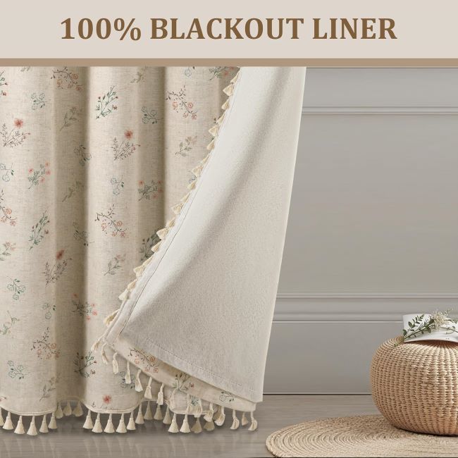 XOGUIBO boho floral 100% blackout curtains beige linen-texture farmhouse drapes with tassels 84 inch for bedroom and living room.
