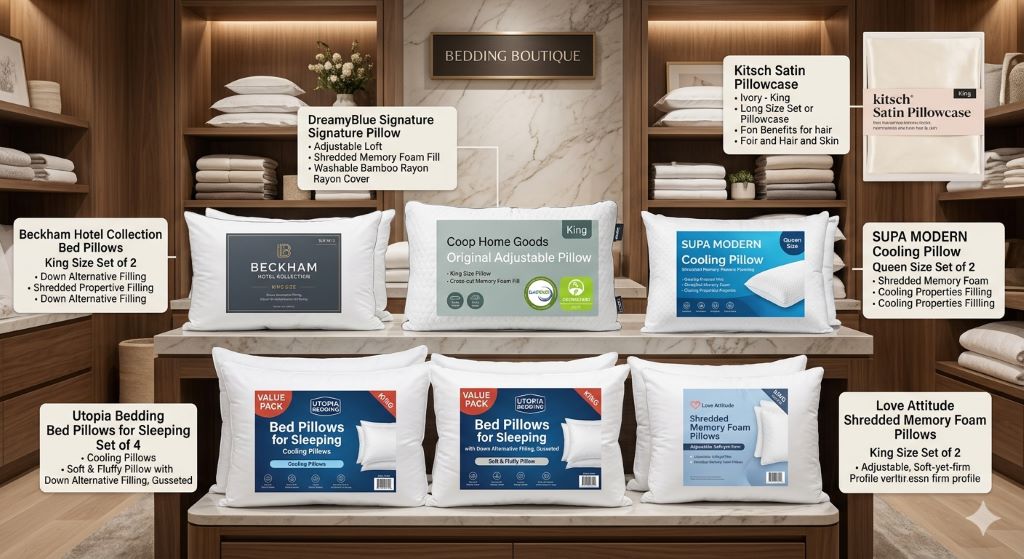 Comparison of best affordable king size bed pillows in 2026 showing cooling, memory foam, and down alternative options for better sleep
