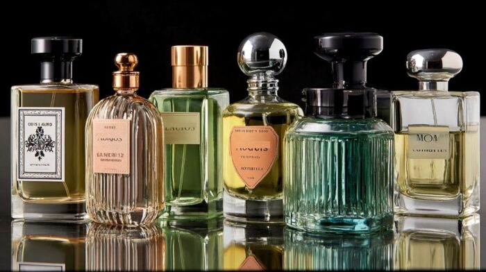 Collection of men’s perfumes arranged for different occasions on a wooden table