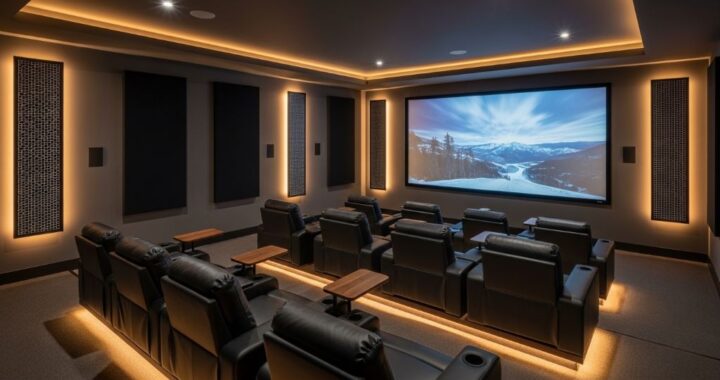 Ultra-modern luxury home theater with tiered seating, ambient LED lighting, and a large projection screen