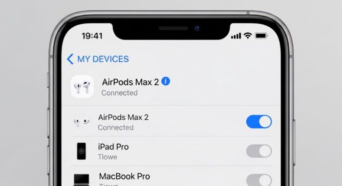 iPhone Bluetooth settings screen showing AirPods Max 2 connection options
