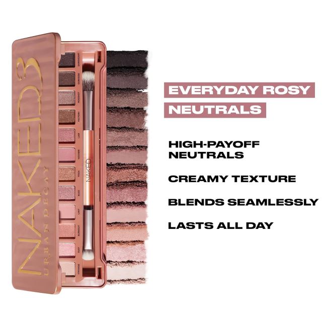 Urban Decay Naked 3 eyeshadow palette with pink neutral tones, matte, shimmer and metallic finishes for soft glam looks