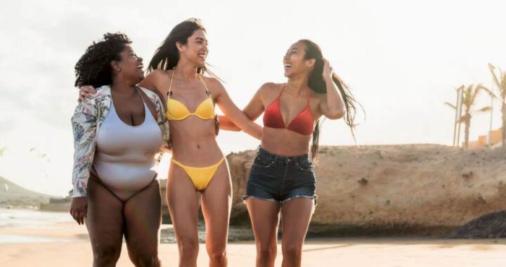 Women wearing stylish and comfortable bikini sets on a sunny beach