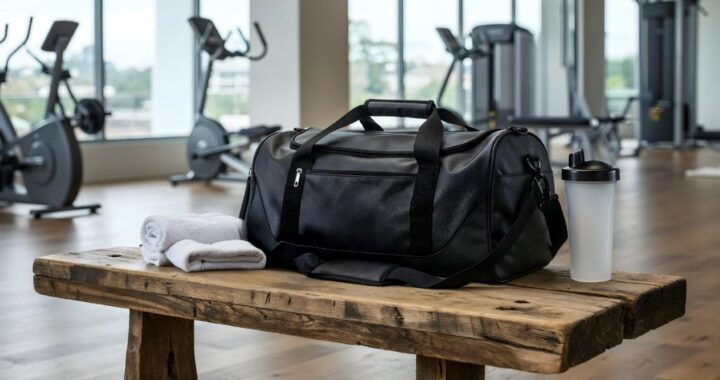 Athlete carrying gym duffel bag to fitness center for daily exercise