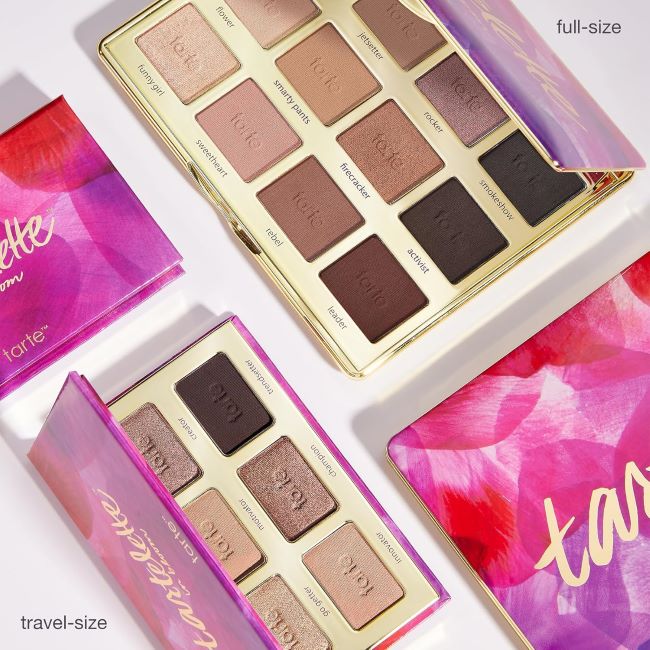 Tarte Tartelette In Bloom Amazonian clay eyeshadow palette with neutral matte and shimmer shades, longwear vegan formula