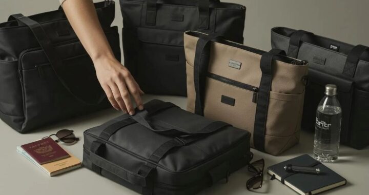 Spacious travel tote bag packed with essentials at airport for a weekend trip