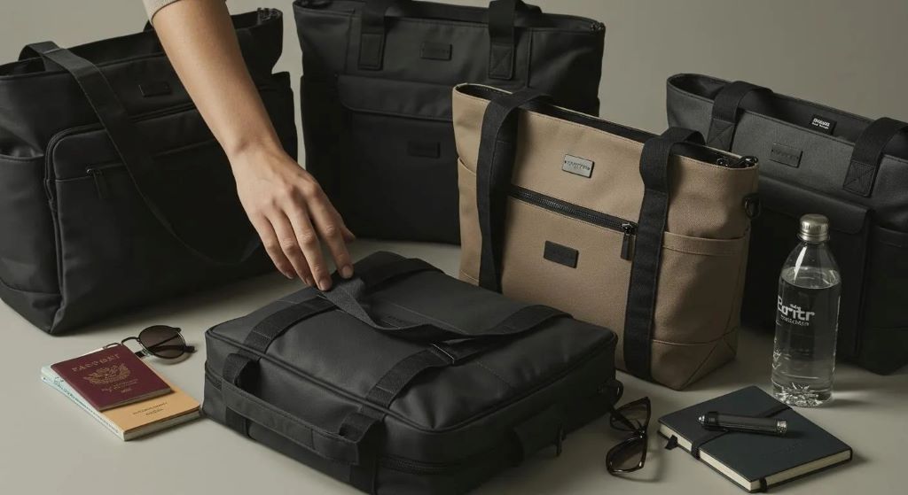 Spacious travel tote bag packed with essentials at airport for a weekend trip