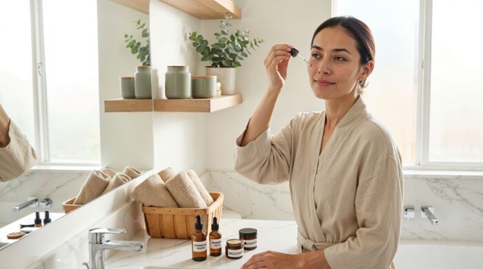 Budget-friendly skincare products arranged for an anti-aging routine including cleanser, serum, and moisturizer