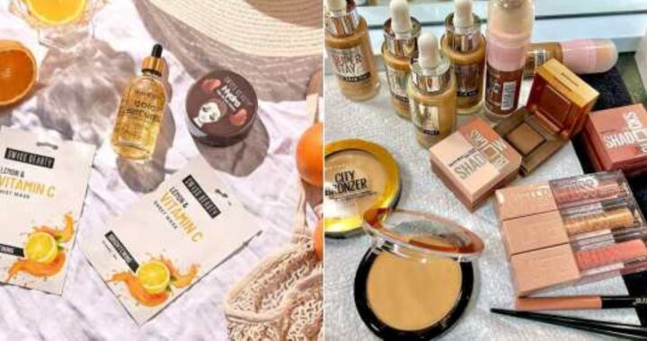Affordable skincare and makeup products arranged for a complete beauty collection