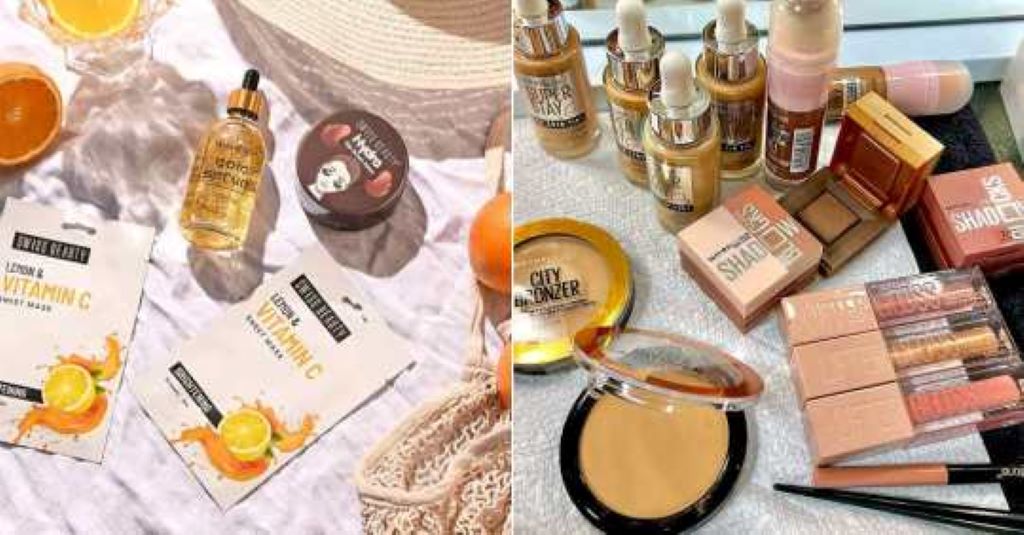 Affordable skincare and makeup products arranged for a complete beauty collection