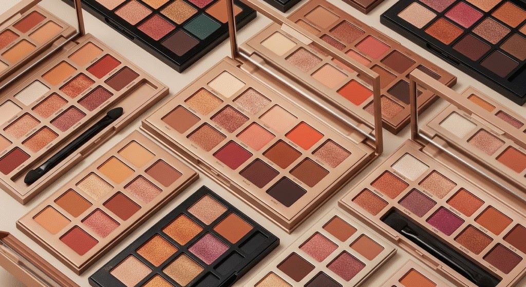 Makeup eyeshadow palette with matte and shimmer shades for everyday and party looks