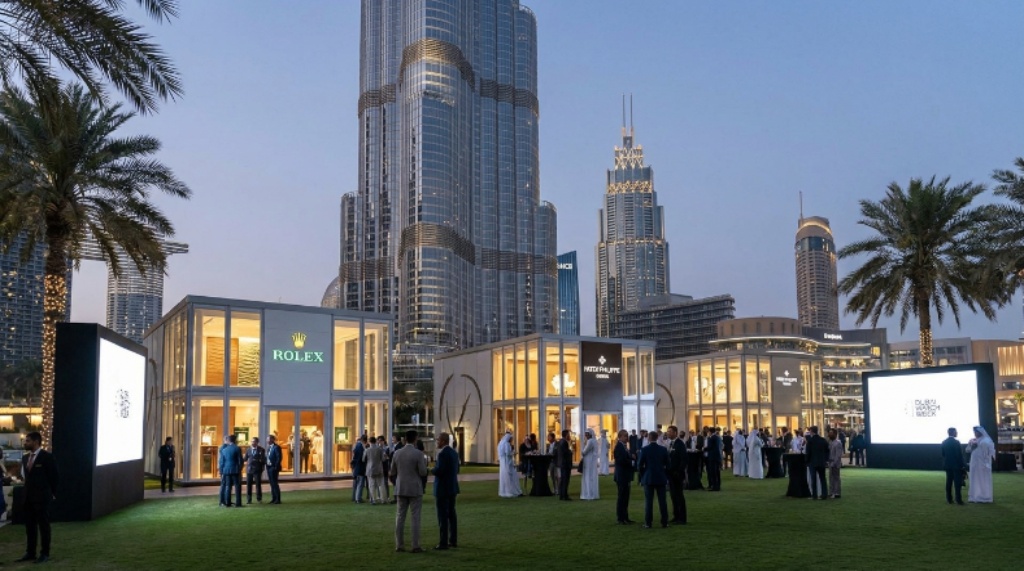 Luxury watch brand pavilions on display at Dubai Watch Week in Burj Park beneath the Burj Khalifa