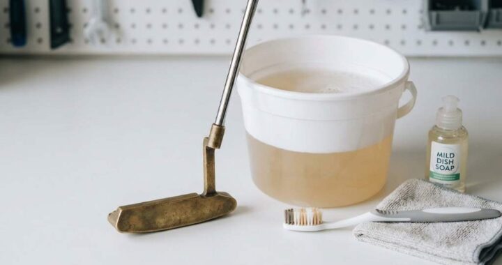 Golfer cleaning a golf putter head with microfiber cloth
