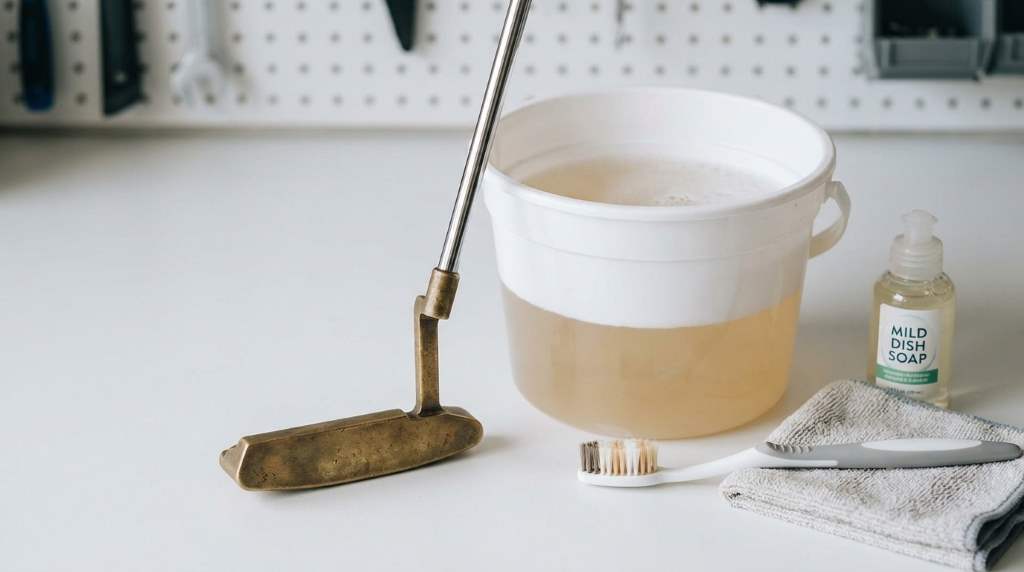 Golfer cleaning a golf putter head with microfiber cloth