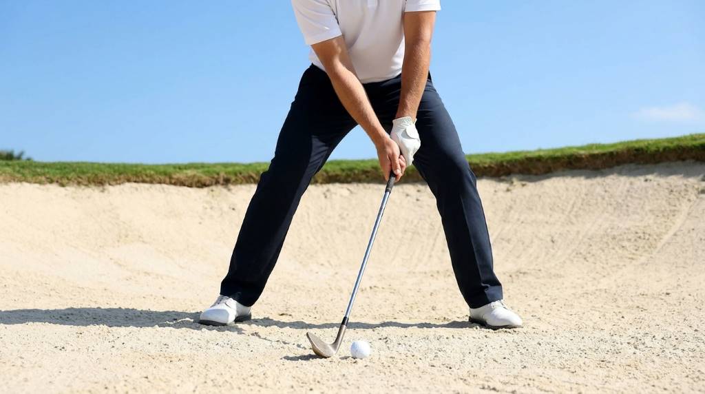 Golfer using a sand wedge in a greenside bunker