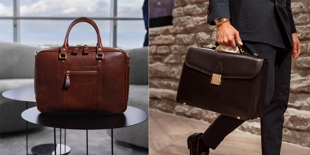 Professional carrying an affordable leather laptop bag in a modern office setting