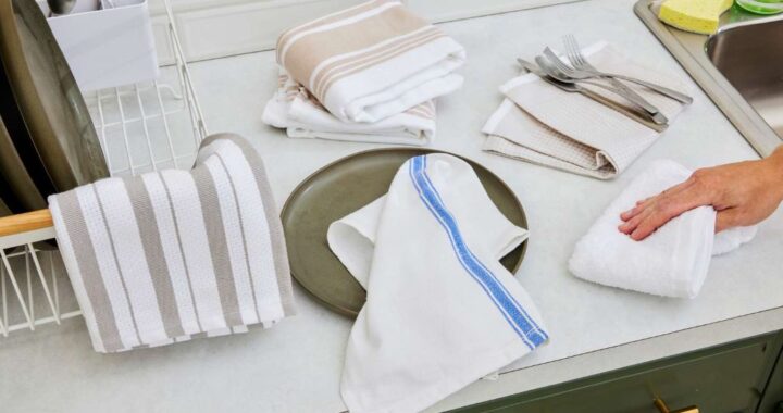 Stack of absorbent kitchen towels displayed on a countertop for everyday use