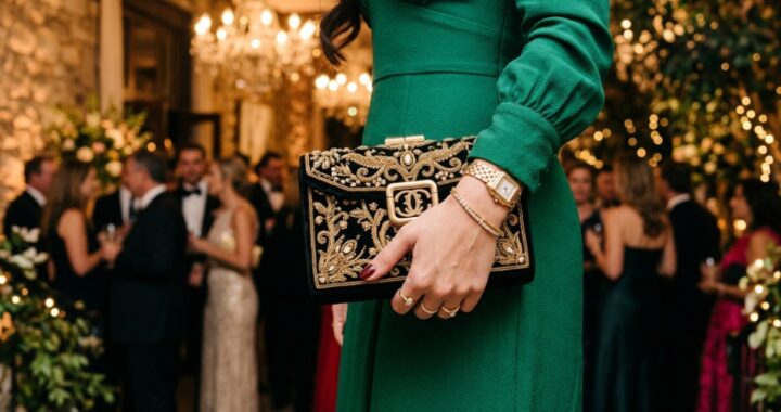 Woman in elegant evening gown holding a designer luxury clutch bag at sunset.