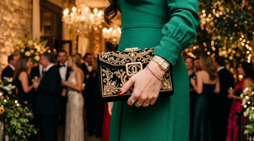 Woman in elegant evening gown holding a designer luxury clutch bag at sunset.