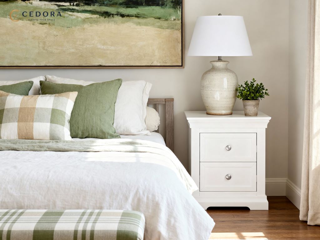 Stylish nightstand paired with a bed to complement modern bedroom decor