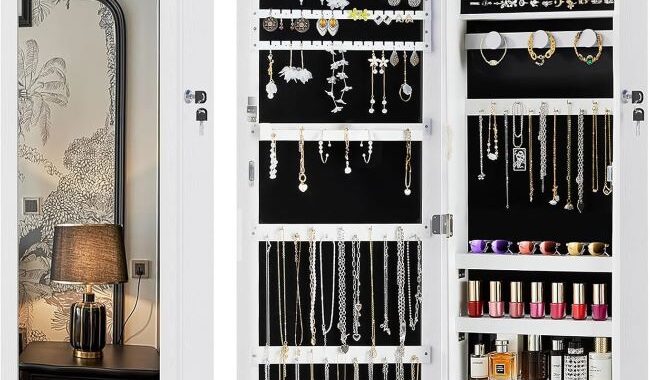 Wall-mounted DUMOS jewelry cabinet featuring LED lighting, necklace hooks, ring slots, and storage shelves