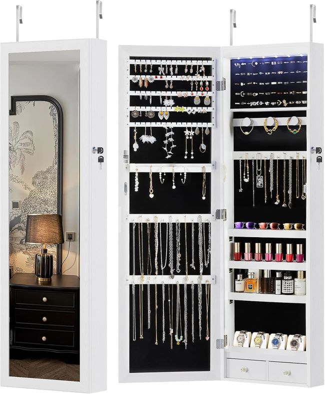 Wall-mounted DUMOS jewelry cabinet featuring LED lighting, necklace hooks, ring slots, and storage shelves