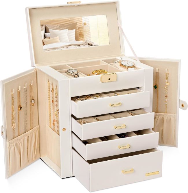 Homde lockable jewelry box with multiple compartments for rings, necklaces, earrings, and watches