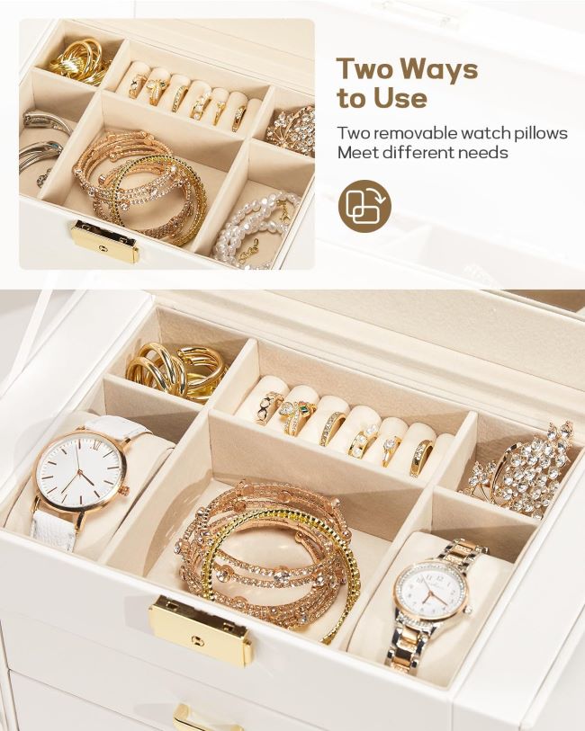 White and gold Homde jewelry organizer featuring a mirrored lid and spacious storage drawers