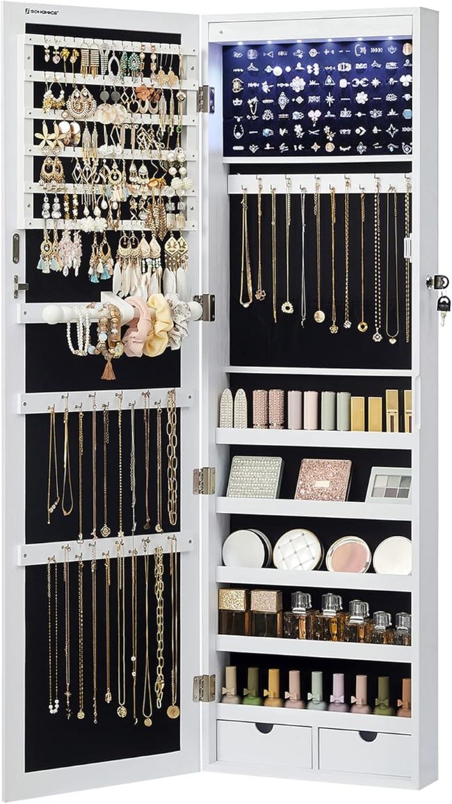 SONGMICS LED jewelry cabinet with full-length mirror and built-in storage for necklaces, rings, and earrings