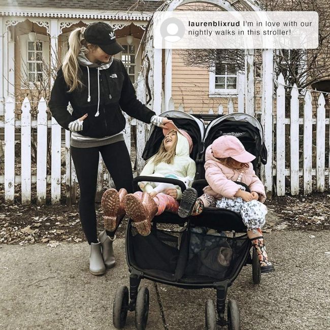 Delta Children double stroller offering lightweight handling and comfortable seating for siblings