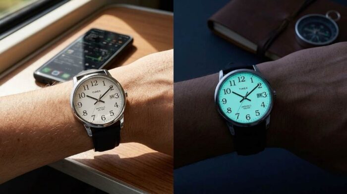 Timex Mens Easy Reader Watch displaying Indiglo illumination